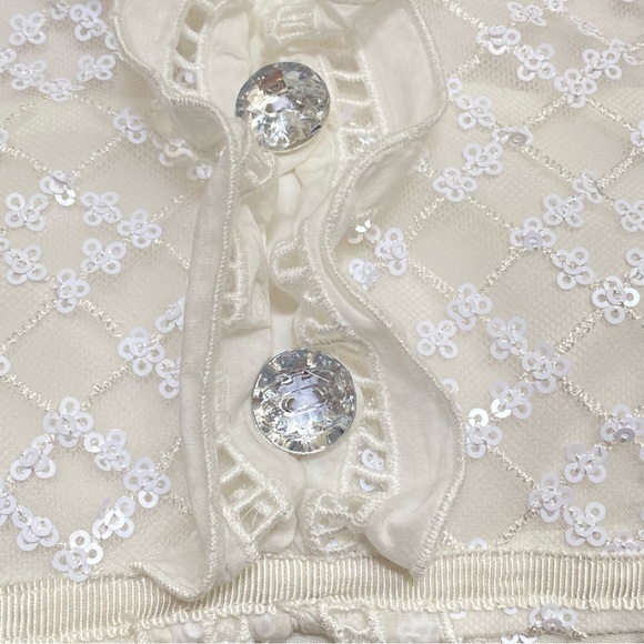 SELF-PORTRAIT WHITE SEQUIN RUFFLE FRILL COLLAR NECK BOW SHEER LONG SLEEVE TOP - Picture 8 of 16